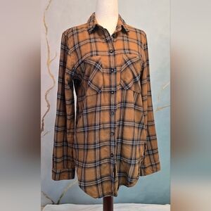 Top Shop 100% Cotton Long Lightweight Flannel Brown and Blue Plaid Shirt 4